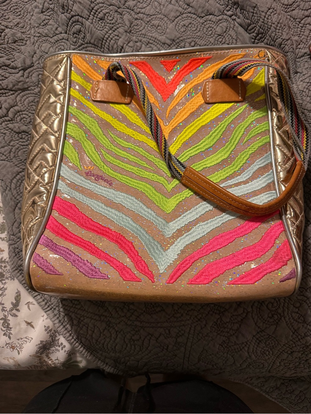 Consuela Metallic Trim Multicolor Zebra-Print Tote